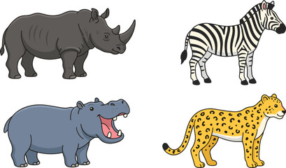 Obraz premium African Safari Animals Vector Illustration Set Featuring Horned Rhinoceros, Striped Zebra, Open Mouth Hippopotamus, and Spotted Leopard Cartoon Icons for Kids Designs