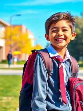 Brightly smiling student in school uniform, carrying backpack to start a new day, enthusiasm, kid
