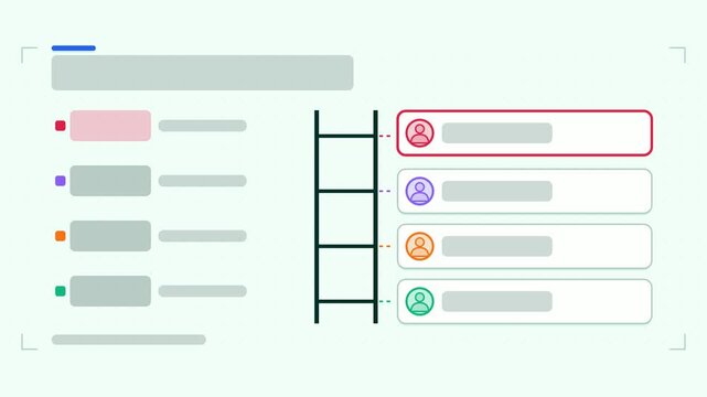 Seamless 4K looping animation of a career ladder infographic template with steps cascading. Flat vector shapes, icons and grey text placeholders animate on a clean light background in fresh green tone
