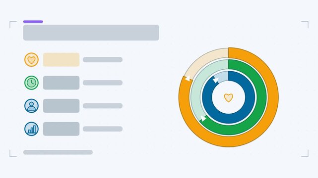 Seamless 4K looping animation of a fitness activity rings infographic template with activity rings sweeping. Flat vector shapes, icons and grey text placeholders animate on a clean light background in