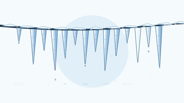 Seamless 4K looping animation of icicles on twig drop falling, drawn as a minimal flat vector scene in blue and azure tones on a soft light background. Calm, gentle motion with plenty of empty space f