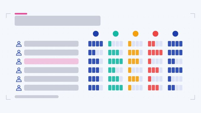 Animated skills matrix infographic in a modern flat vector style, levels growing in a smooth 4K loop. Blank text placeholders and teal and turquoise accents sit on a bright light background so heading