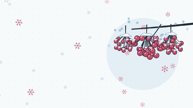 Seamless 4K looping animation of winter berries snow flakes settling, drawn as a minimal flat vector scene in warm red and coral tones on a soft light background. Calm, gentle motion with plenty of em