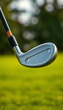 Image of a golf club with wooden grip and metal head, drive, club