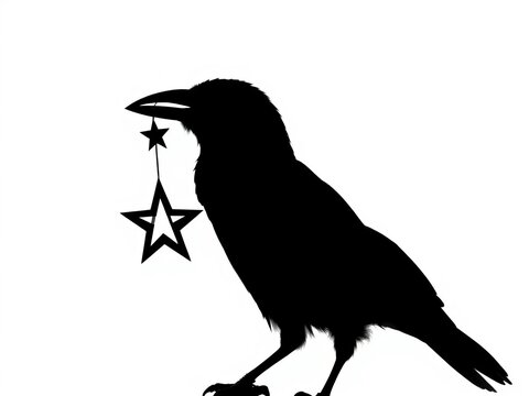 Silhouette of a crow holding a star in its beak against white background bird, magical, animal
