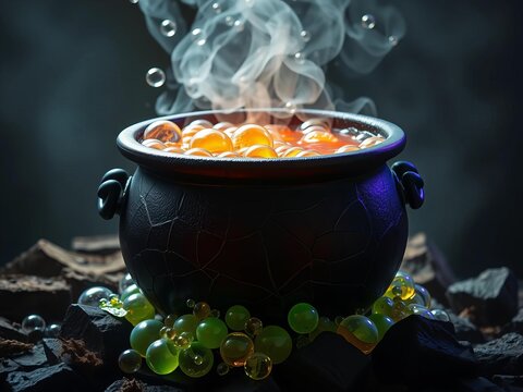 Spooky cauldron with bubbling brew and floating bubbles, magical, witchcraft