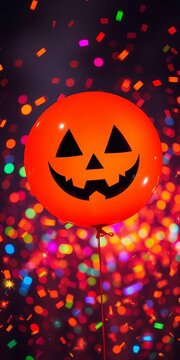 Spooky orange balloon with carved pumpkin face floating in a sea of colorful sparks, bright, party