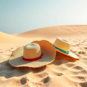 Straw hats with wide brims sit on a sandy beach, their colors blending with the sun-kissed dunes, sand, warm