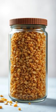 Tall glass jar filled with golden brown bread crumbs, kitchen, ||bread