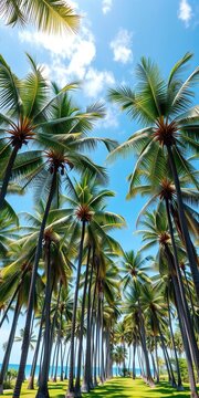 Tall palm trees sway gently in tropical breeze, serene, palm