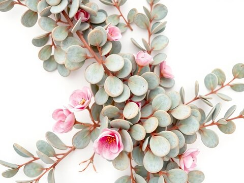 Whimsical floral banner featuring silver dollar eucalyptus leaves and branches against a white background, watercolor, foliage