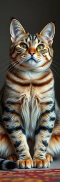 Whiskered elder cat sits regally, paws clasped, refined., calm