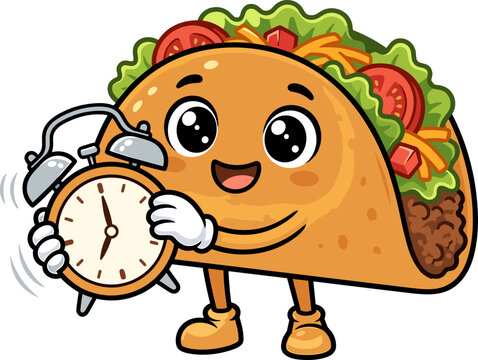 Cute funny cartoon taco mascot holding a ringing alarm clock, taco time