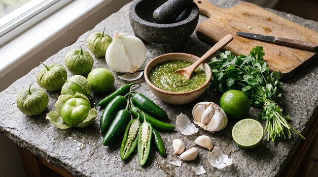 Fresh tomatillos, green chiles, cilantro and garlic for enchiladas verdes salsa, suitable for recipe articles, culinary education and restaurant menu development.