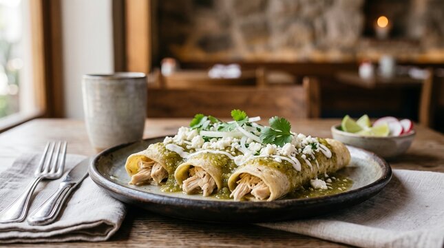 Enchiladas verdes with chicken, green salsa and fresh cheese for restaurant menus, hospitality campaigns, food advertising and culinary publishing.
