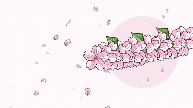 Seamless 4K looping animation of cherry blossom petals drifting down, drawn as a minimal flat vector scene in warm red and coral tones on a soft light background. Calm, gentle motion with plenty of em