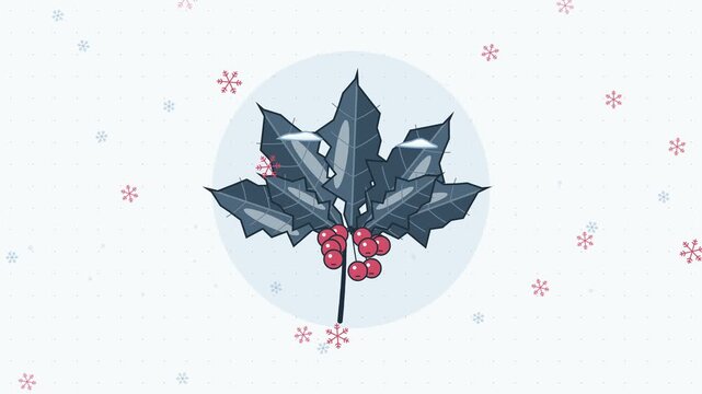 Gentle 4K seamless loop showing holly leaves berries gently quivering in a clean flat vector style with blue and azure colours and a bright light backdrop. Slow natural movement and generous copy spac