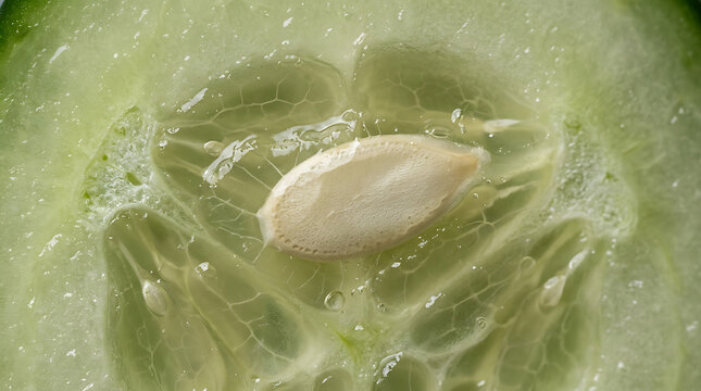 Macro shot of cucumber slice with visible seeds and pulp texture