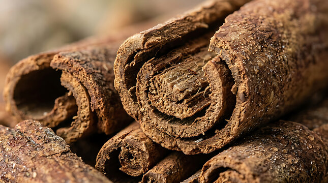 Macro shot of dried cinnamon sticks, organic spice, rustic texture, warm brown color