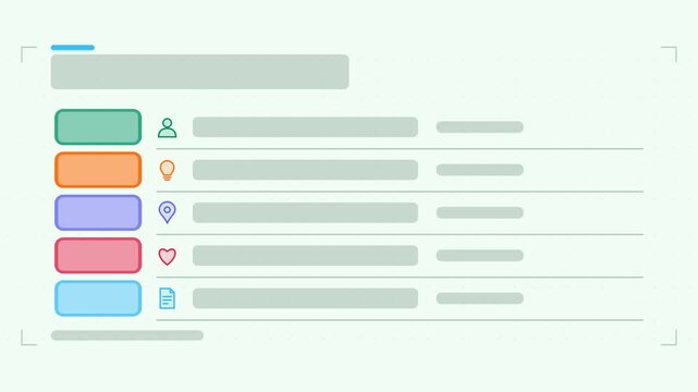 Seamless 4K looping animation of a numbered list infographic template with rows cascading. Flat vector shapes, icons and grey text placeholders animate on a clean light background in blue and azure to