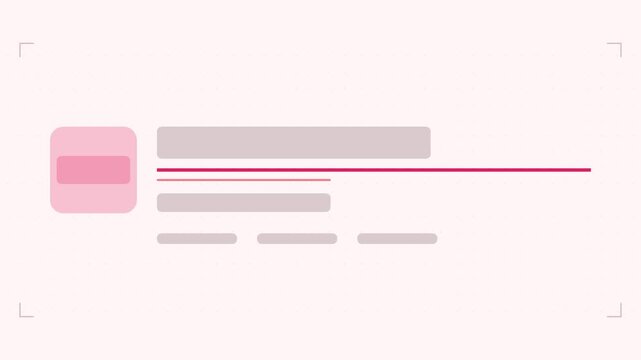 Seamless 4K looping animation of a section divider infographic template with line drawing. Flat vector shapes, icons and grey text placeholders animate on a clean light background in warm red and cora