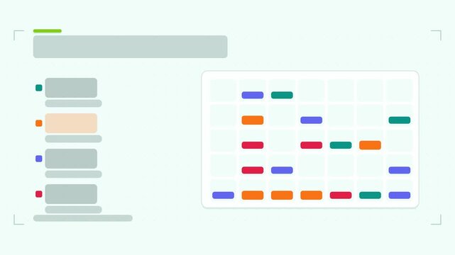 Animated content calendar infographic in a modern flat vector style, posts cascading in a smooth 4K loop. Blank text placeholders and teal and turquoise accents sit on a bright light background so hea