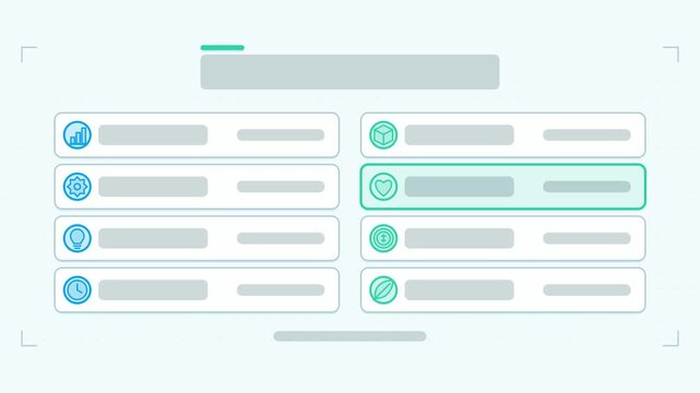 Animated two column list infographic in a modern flat vector style, assembling in a smooth 4K loop. Blank text placeholders and teal and turquoise accents sit on a bright light background so headings 
