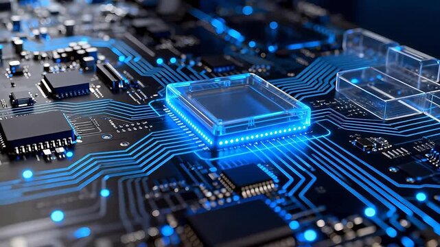 Circuit board with glowing blue components