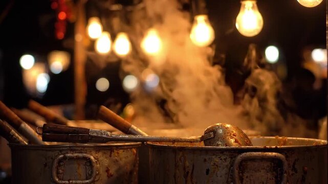Steam rises from large cooking pots with a ladle at a night food stall. Street food preparation. Hot soup and broth cooking. Evening market cuisine and food service.
