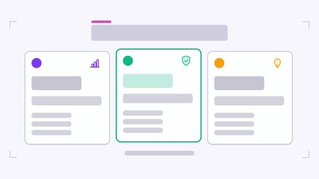 Animated summary cards infographic in a modern flat vector style, cards cascading in in a smooth 4K loop. Blank text placeholders and fresh green accents sit on a bright light background so headings a
