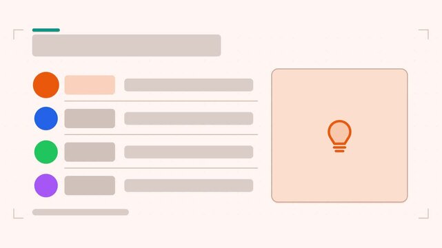 Seamless 4K looping animation of a key points infographic template with points cascading. Flat vector shapes, icons and grey text placeholders animate on a clean light background in fresh green tones,