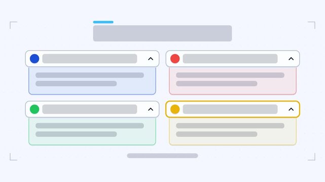 Seamless 4K looping animation of a faq layout infographic template with blocks expanding. Flat vector shapes, icons and grey text placeholders animate on a clean light background in fresh green tones,