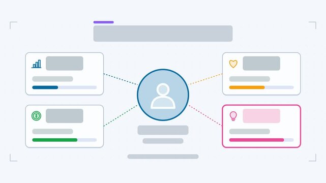 Seamless 4K looping animation of a customer persona infographic template with traits assembling. Flat vector shapes, icons and grey text placeholders animate on a clean light background in blue and az