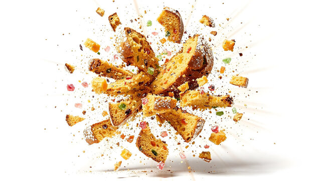A panettone cake is shown exploding into pieces against a white background. Crumbs and fragments of the cake are scattered in the air.