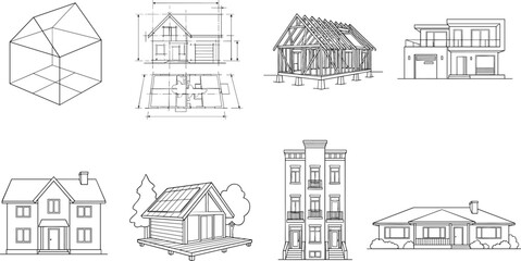 Obraz premium House development stages architectural blueprint framing structures and various residential buildings exterior styles line icons set