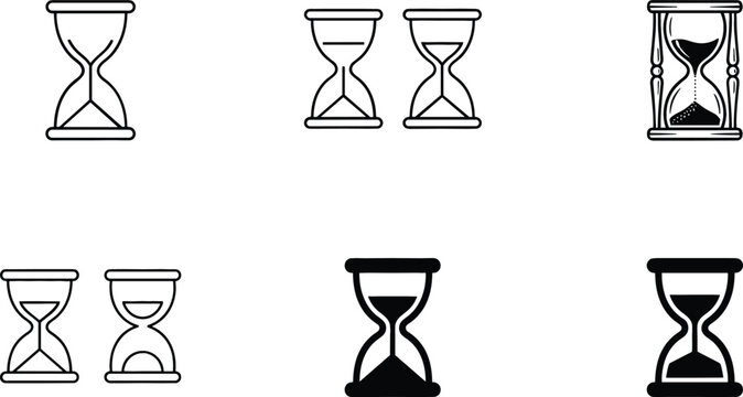 Hourglass and sand clock vector line icons set for time management deadline tracking countdown and measurement intervals