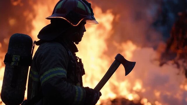 Firefighter holding an axe before a raging blaze. Emergency response and fire service. Fire rescue, disaster response and occupational safety.