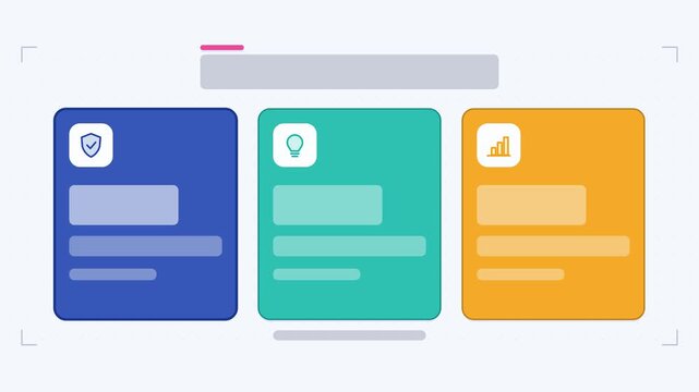 Seamless 4K looping animation of a takeaways layout infographic template with blocks expanding. Flat vector shapes, icons and grey text placeholders animate on a clean light background in teal and tur