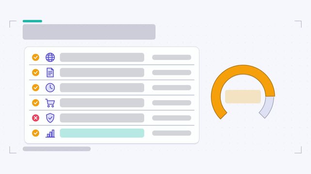 Animated seo checklist infographic in a modern flat vector style, checks cascading in a smooth 4K loop. Blank text placeholders and orange and amber accents sit on a bright light background so heading