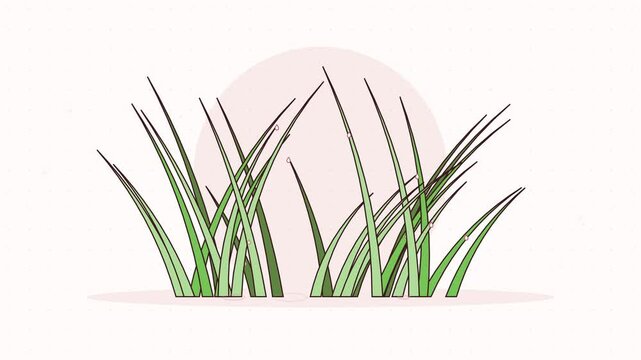 Seamless 4K looping animation of grass blades dew drops rolling, drawn as a minimal flat vector scene in fresh green tones on a soft light background. Calm, gentle motion with plenty of empty space fo