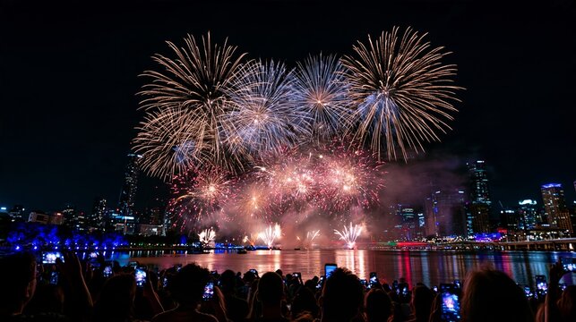 Fireworks exploding above illuminated waterfront skyline as silhouetted crowd watches spectacular nighttime display reflected across calm water at urban city harbor