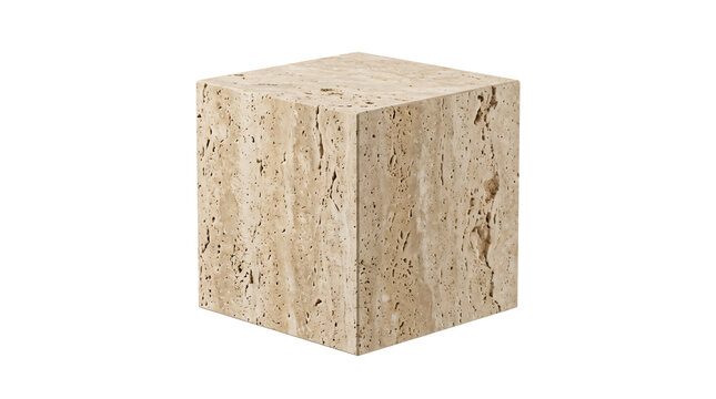 Natural travertine stone cube pedestal display mockup isolated on transparent background
