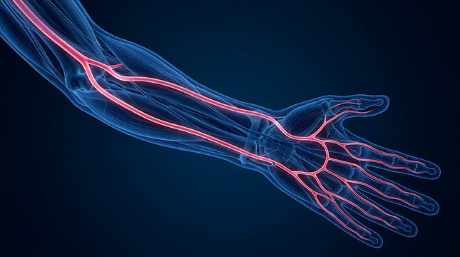 Radial and ulnar arteries anatomy medical illustration: Detailed 3D render of the human forearm blood vessels, wrist, and vascular network.