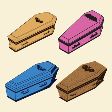 Set of colorful isometric coffins with bat icons, festive decorations for seasonal holidays.