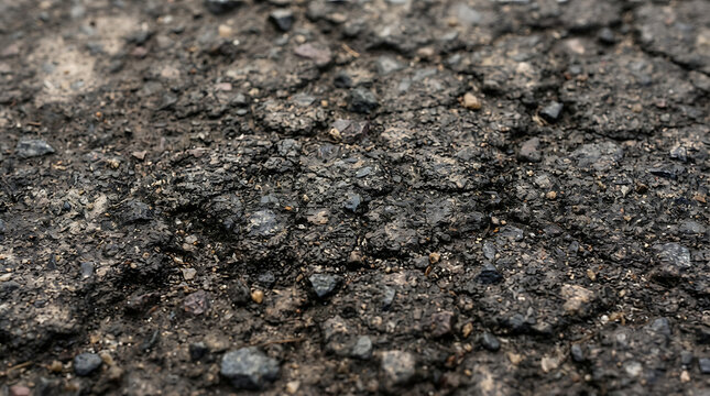 Weathered asphalt road surface featuring rough textured stone aggregates showing signs of extreme structural decay and deep cracks caused by heavy traffic wear and seasonal temperature shifts