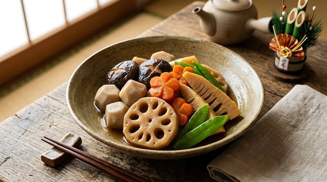 Traditional japanese simmered vegetables served in a bowl on a wooden table. Japanese New Year dishes