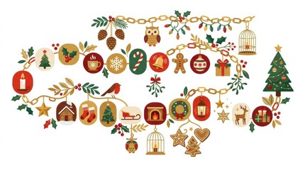 Fototapeta premium Winter decorations showcase Christmas symbols like trees, ornaments, and gifts for the festive season. These details create a joyful atmosphere.
