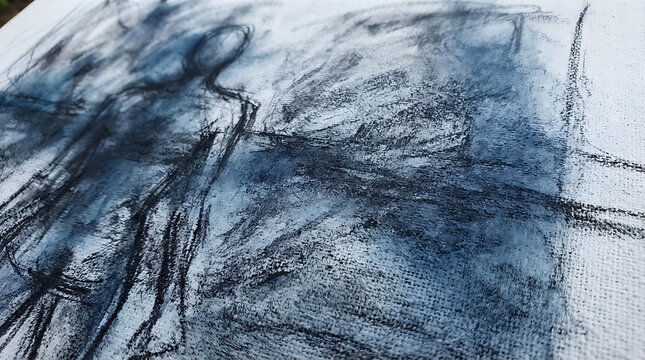 Charcoal sketch showing a lonely human figure walking through a storm of dark dust expressing deep emotional pain and inner turmoil portrayed with heavy textures and artistic strokes on rough