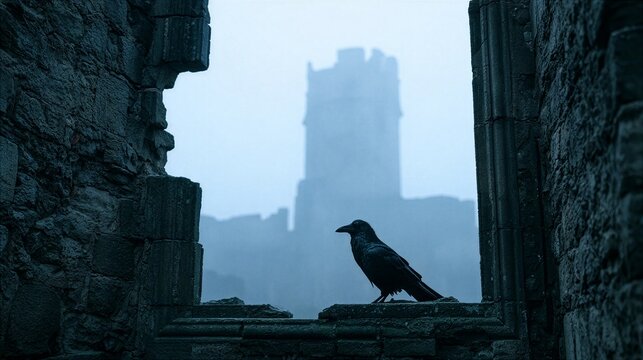 Black bird perched on stone ledge with tower in misty background
