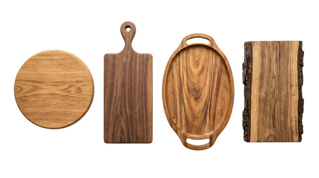 Various wooden cutting boards and serving trays isolated on transparent background